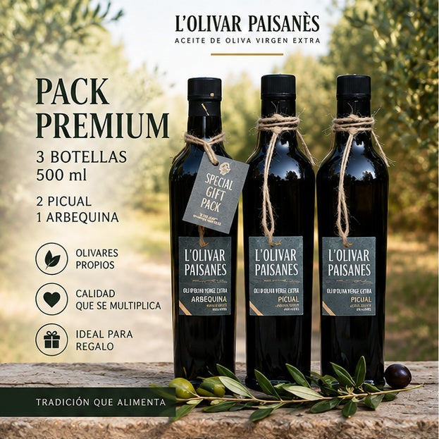 Pack Premium L'Olivar Paisanès con tres botellas Fiorentina de 500 ml de AOVE Picual y Arbequina