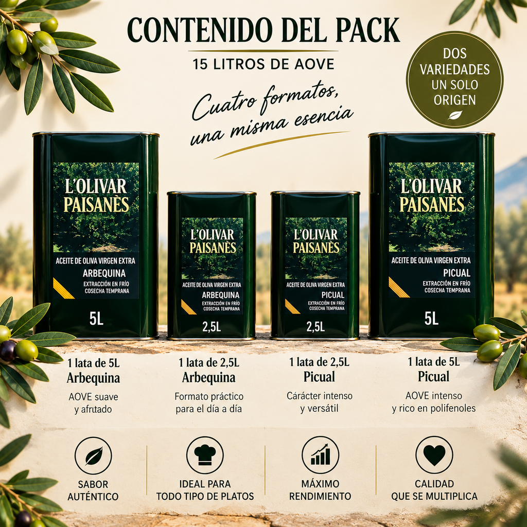 Pack profesional de 15 litros de AOVE Picual y Arbequina L'Olivar Paisanès