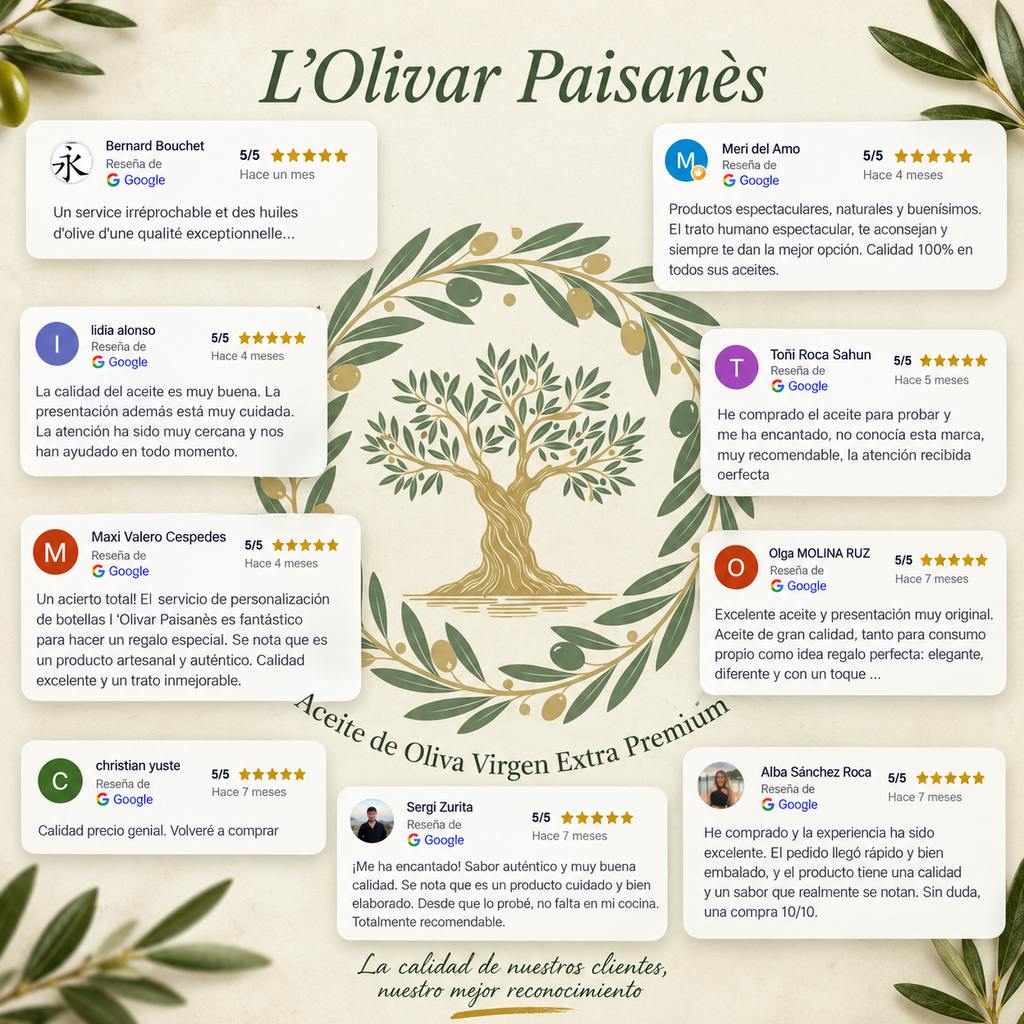 Reseñas de clientes de L’Olivar Paisanès sobre nuestro aceite de oliva virgen extra artesanal, valorado con 5 estrellas en Google